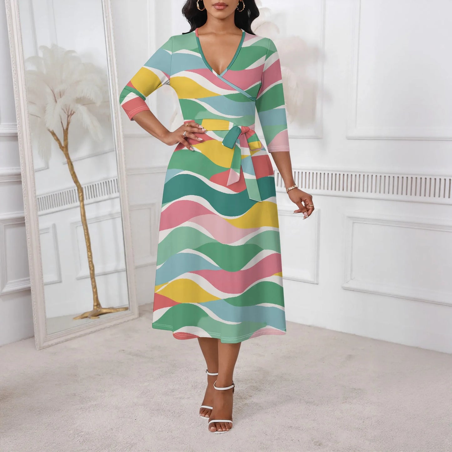 Women's Plus Size Dresses Deep V Neck Long Sleeves Wrap African Floral Printed Dress Long Maxi Flowy Dress with Belt