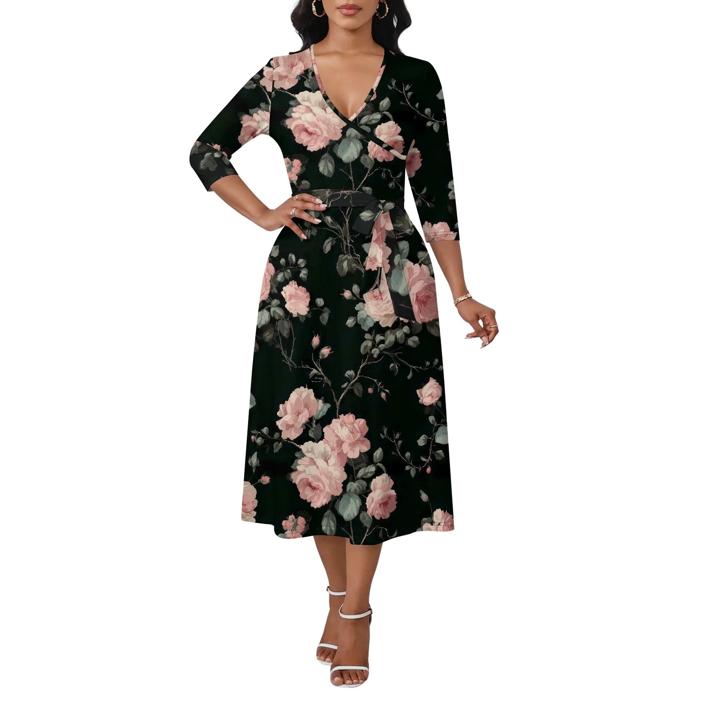 Women's Plus Size Dresses Deep V Neck Long Sleeves Wrap African Floral Printed Dress Long Maxi Flowy Dress with Belt