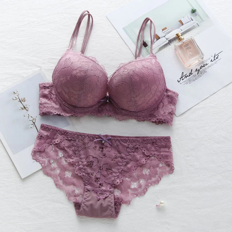 New Fashion Sexy Push Up Bra Set Deep V Bra Thick Lingerie Set Lace Women Underwear Set Cotton Comfortable A B Cup