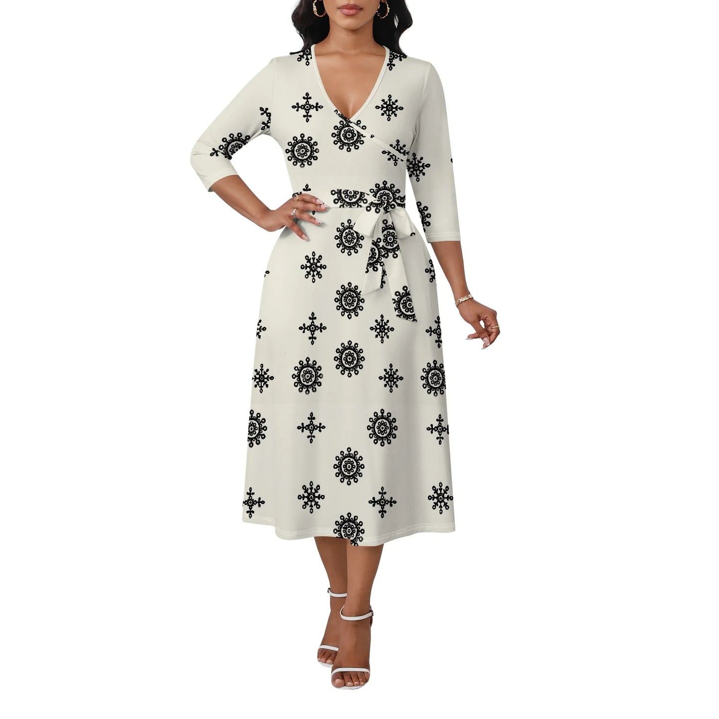 Women's Plus Size Dresses Deep V Neck Long Sleeves Wrap African Floral Printed Dress Long Maxi Flowy Dress with Belt