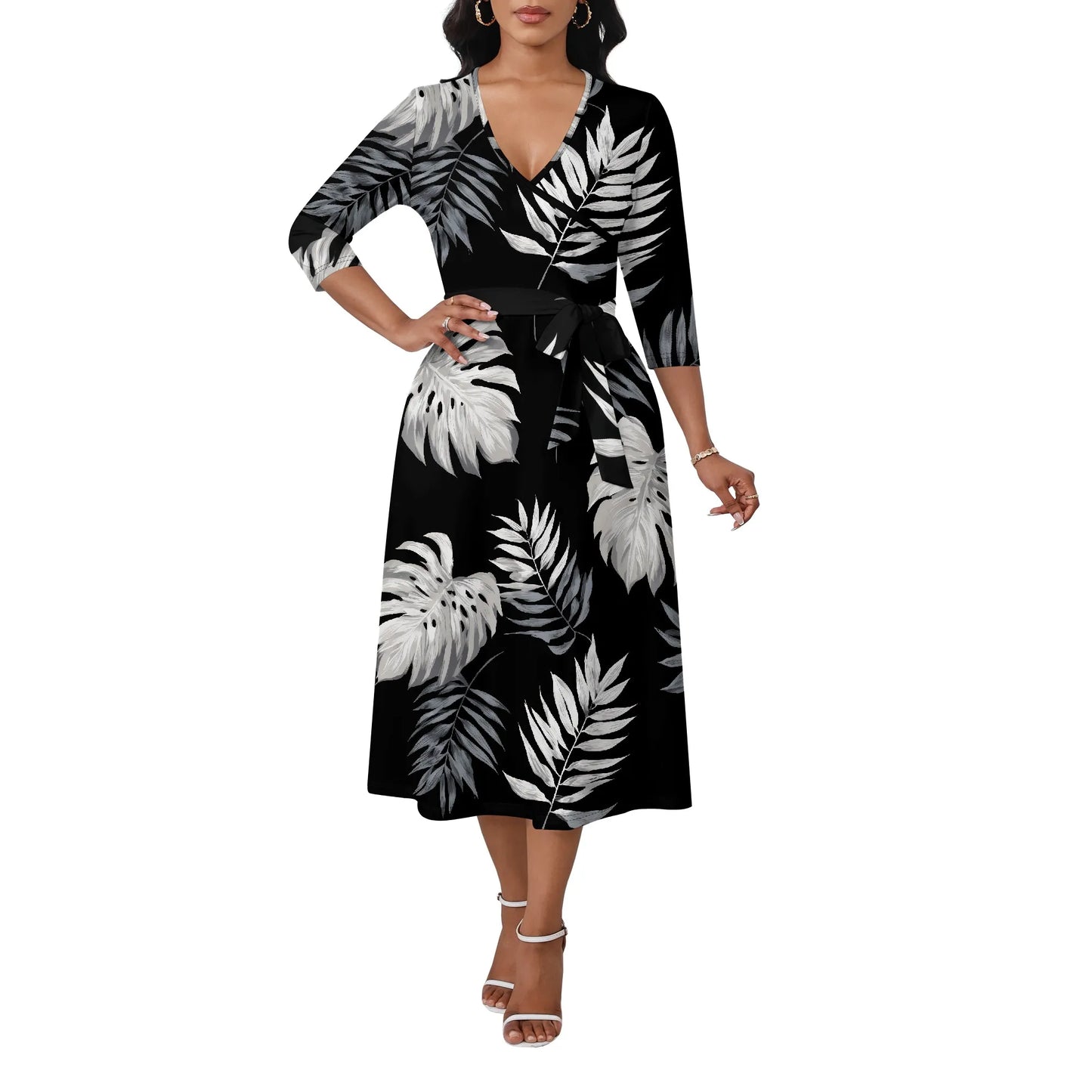 Women's Plus Size Dresses Deep V Neck Long Sleeves Wrap African Floral Printed Dress Long Maxi Flowy Dress with Belt
