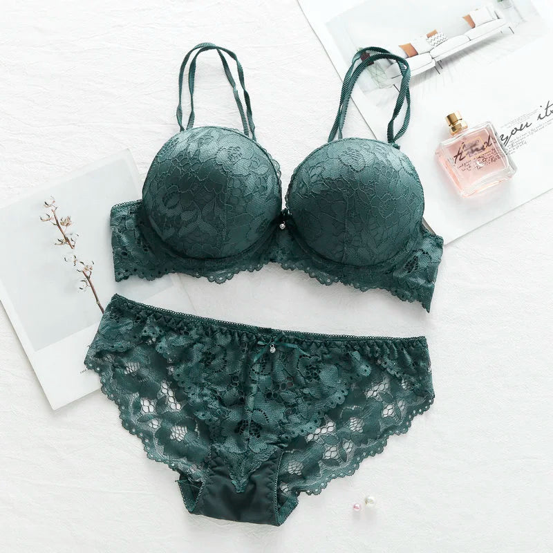 New Fashion Sexy Push Up Bra Set Deep V Bra Thick Lingerie Set Lace Women Underwear Set Cotton Comfortable A B Cup