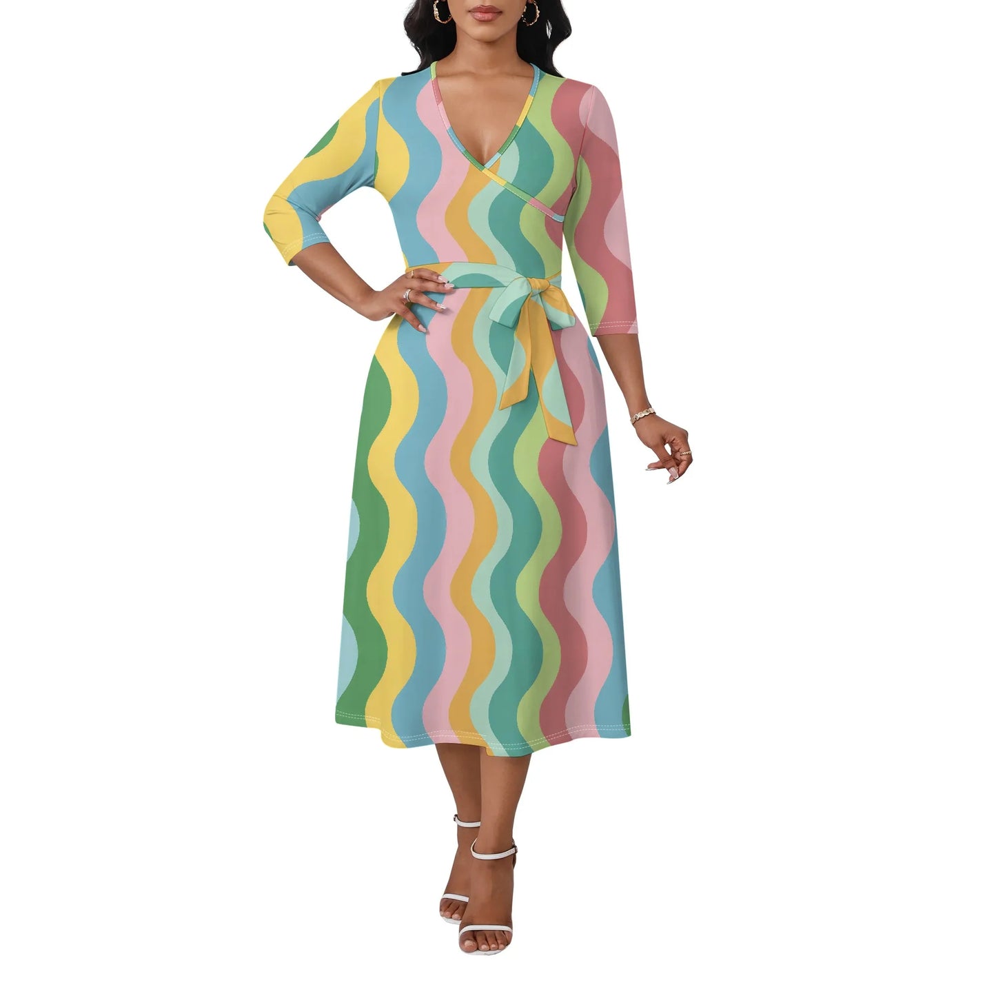 Women's Plus Size Dresses Deep V Neck Long Sleeves Wrap African Floral Printed Dress Long Maxi Flowy Dress with Belt