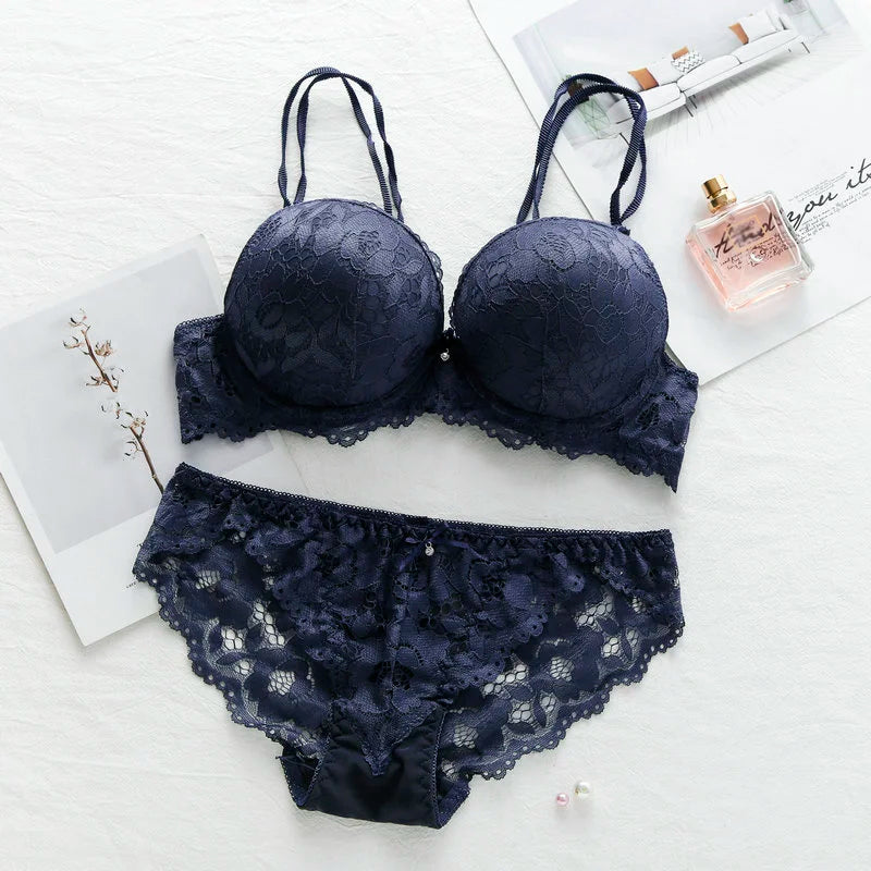 New Fashion Sexy Push Up Bra Set Deep V Bra Thick Lingerie Set Lace Women Underwear Set Cotton Comfortable A B Cup