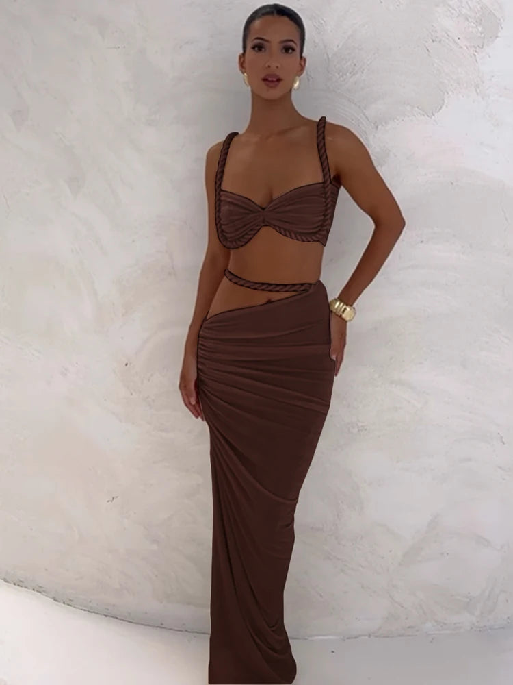 Weird Puss Bandage Ruched 2 Piece Set Women Square Collar Bra+Skinny Long Skirts 2025 Summer Vacation Beach Party Trend Suits