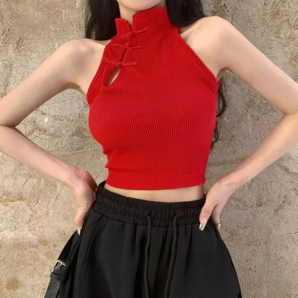 China Buckle Cheongsam Style Skinny Vest Backless Sleeveless Bra with Pads Camisole Harajuku Streetwear Slim Crop Top Summer
