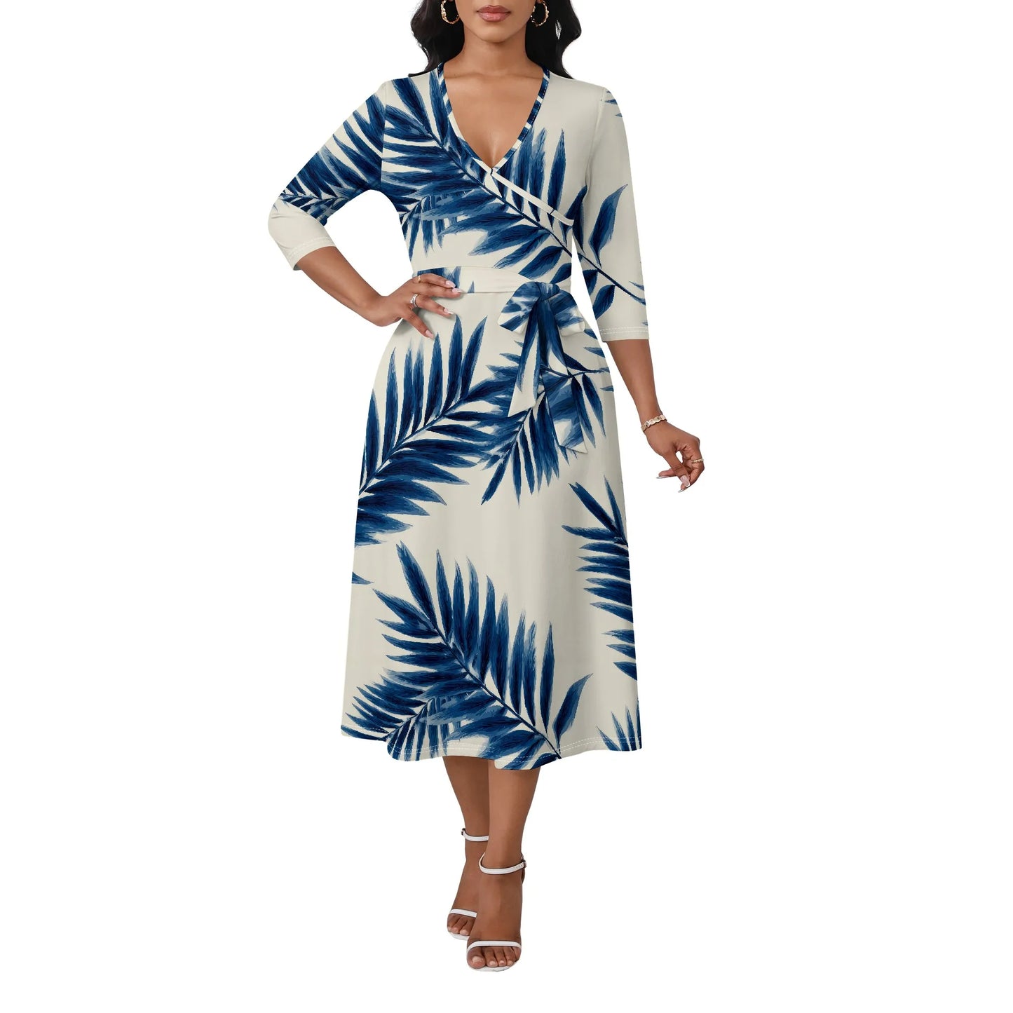 Women's Plus Size Dresses Deep V Neck Long Sleeves Wrap African Floral Printed Dress Long Maxi Flowy Dress with Belt