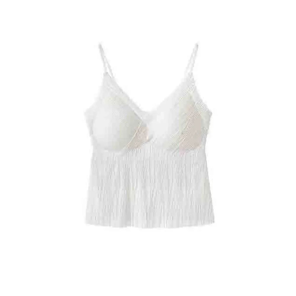 Korean Style Ruffle Sleeveless Crop Top Slim Fit V Neck Women's Tank Top Vest Streetwear Bra with Pads Camisole Girl