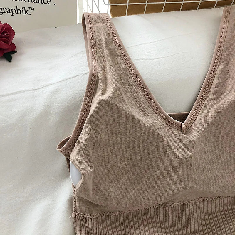 Women's Tank Crop Tops Female Tops Sexy Lingerie Seamless Underwear Streetwear V Neck Cropped Tee Padded Camisole