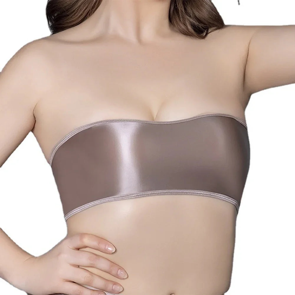 Top Women's Strapless Elastic Oily Gloss Underwear Tube Tops Solid Color Basic Stretch Bra Crop Top Tight Woman Female Clothing