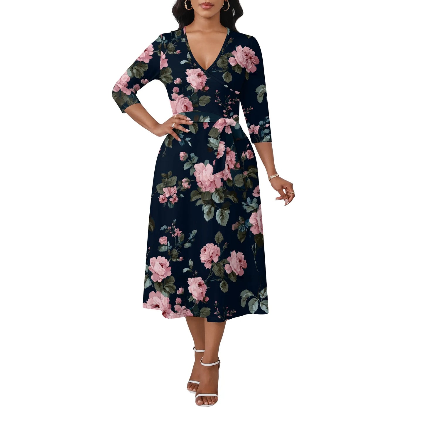 Women's Plus Size Dresses Deep V Neck Long Sleeves Wrap African Floral Printed Dress Long Maxi Flowy Dress with Belt