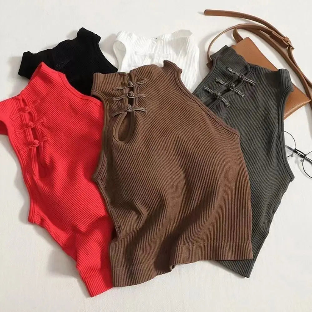 China Buckle Cheongsam Style Skinny Vest Backless Sleeveless Bra with Pads Camisole Harajuku Streetwear Slim Crop Top Summer