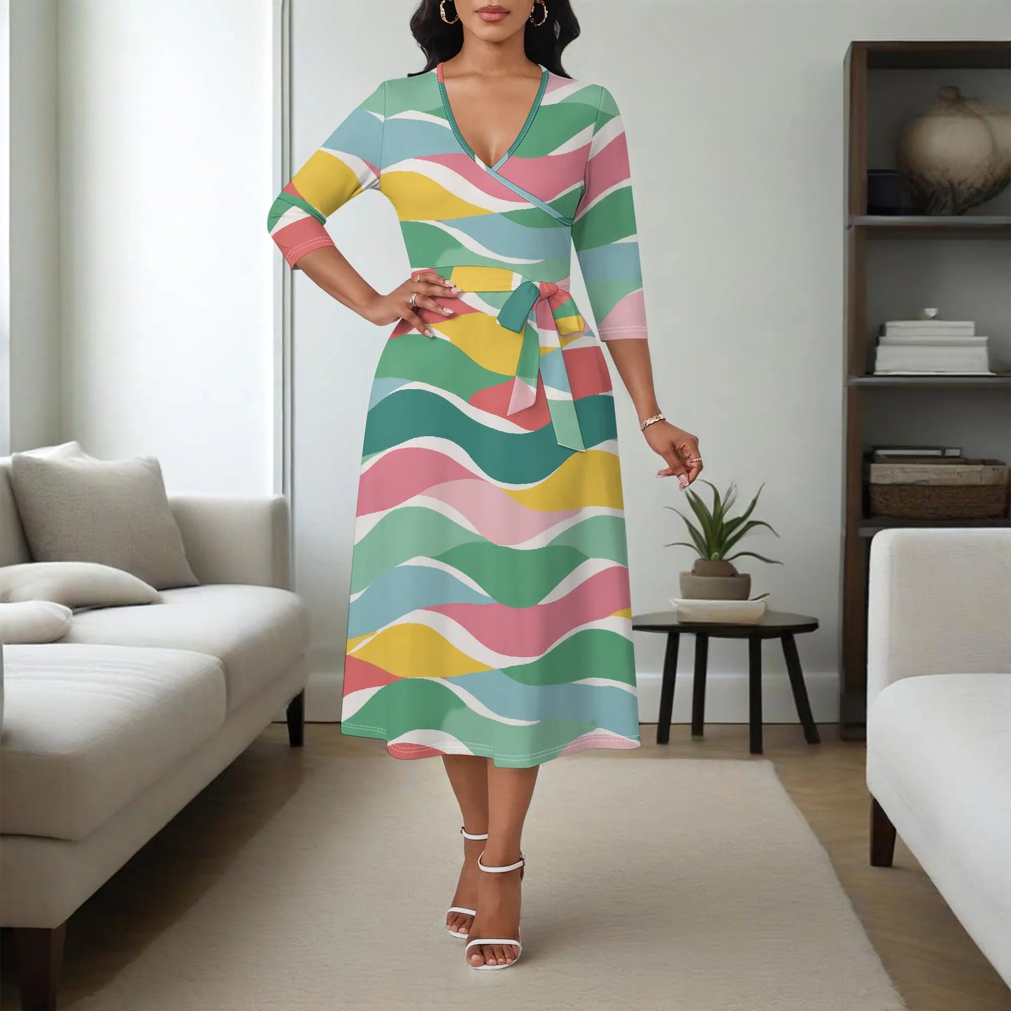 Women's Plus Size Dresses Deep V Neck Long Sleeves Wrap African Floral Printed Dress Long Maxi Flowy Dress with Belt