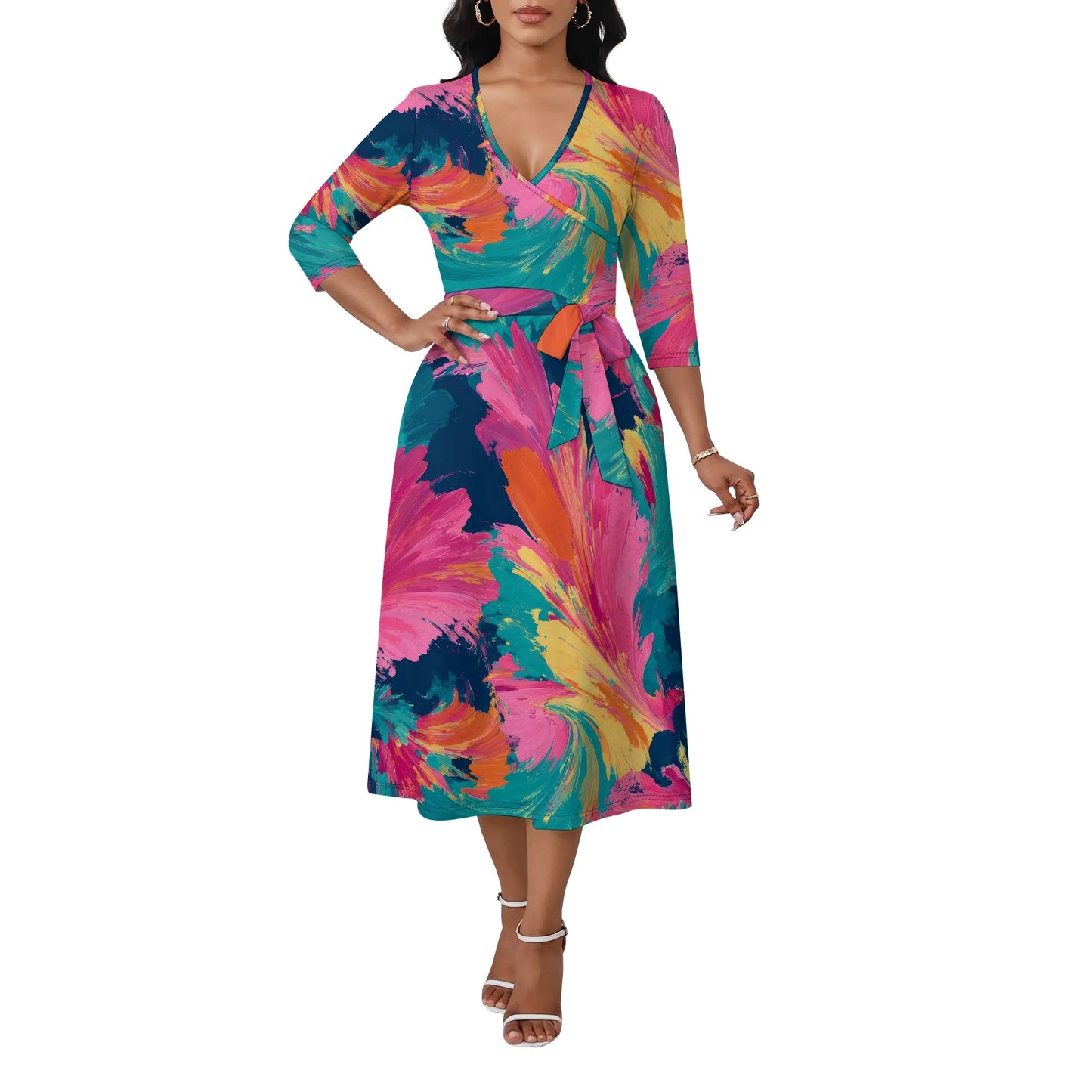 Women's Plus Size Dresses Deep V Neck Long Sleeves Wrap African Floral Printed Dress Long Maxi Flowy Dress with Belt