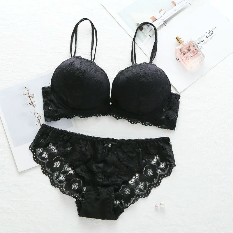 New Fashion Sexy Push Up Bra Set Deep V Bra Thick Lingerie Set Lace Women Underwear Set Cotton Comfortable A B Cup