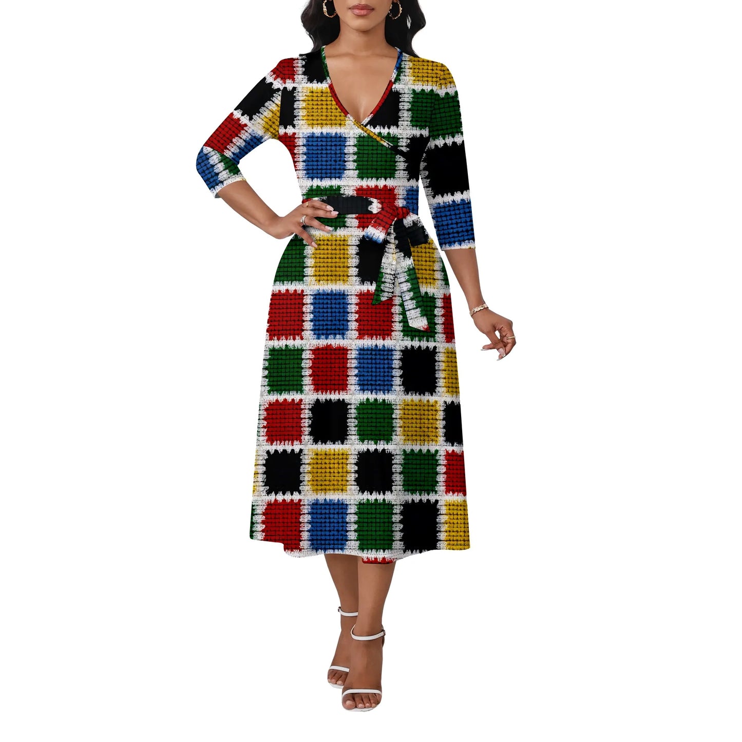 Women's Plus Size Dresses Deep V Neck Long Sleeves Wrap African Floral Printed Dress Long Maxi Flowy Dress with Belt
