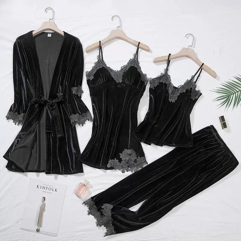 TOP Casual Velour Home Clothing 4pcs Sleep Set Intimate Lingerie Women Pajamas Suit Long Sleeve Lace Velvet Homewear Pyjamas set