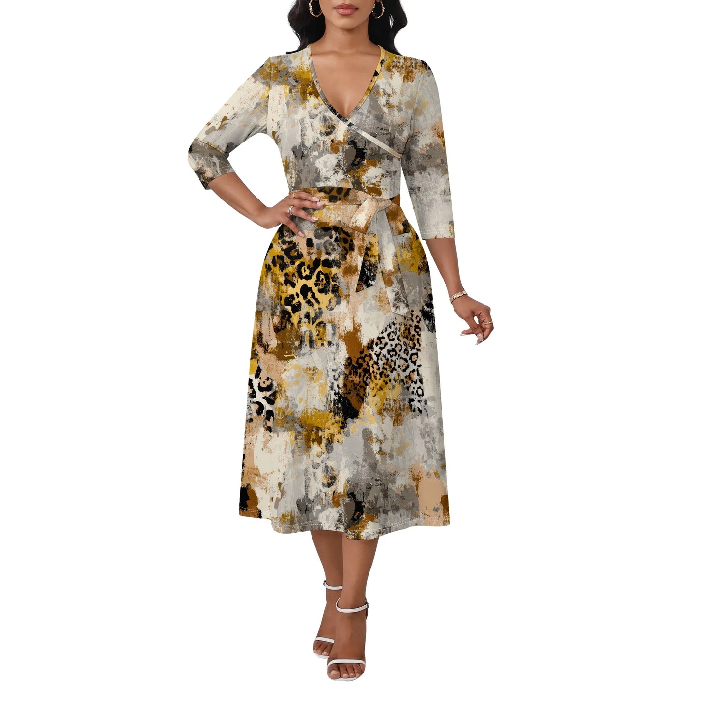 Women's Plus Size Dresses Deep V Neck Long Sleeves Wrap African Floral Printed Dress Long Maxi Flowy Dress with Belt