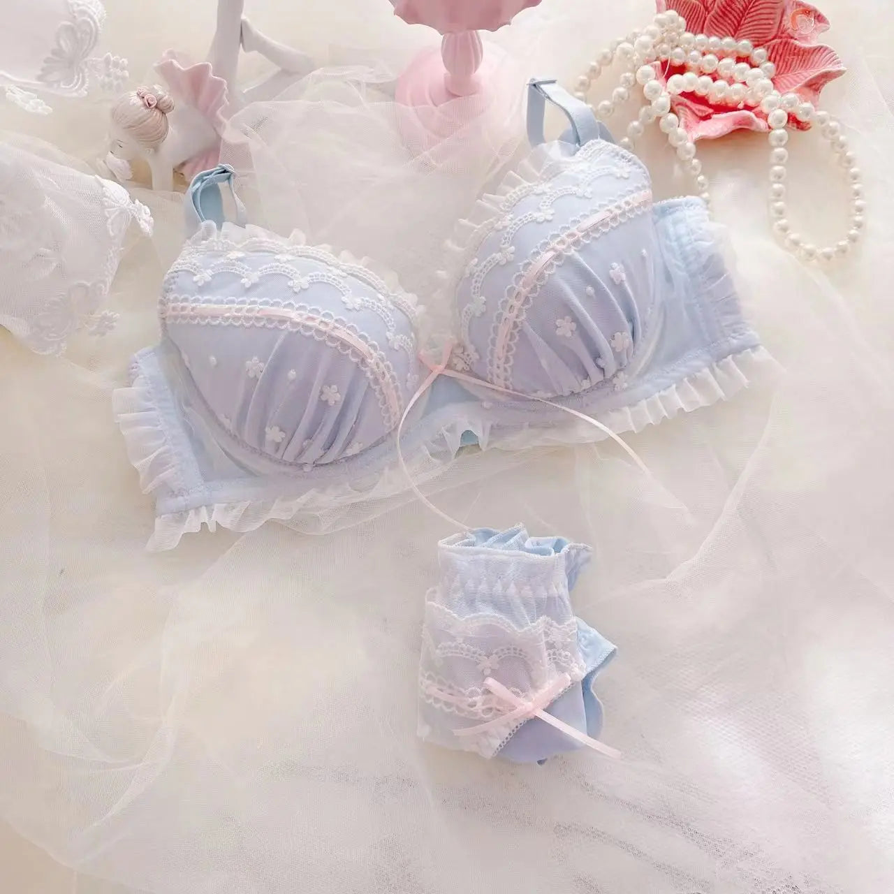Small fresh Japanese ribbon lingerie embroidery thin cup student girls cute bralette women sexy underwear bra set