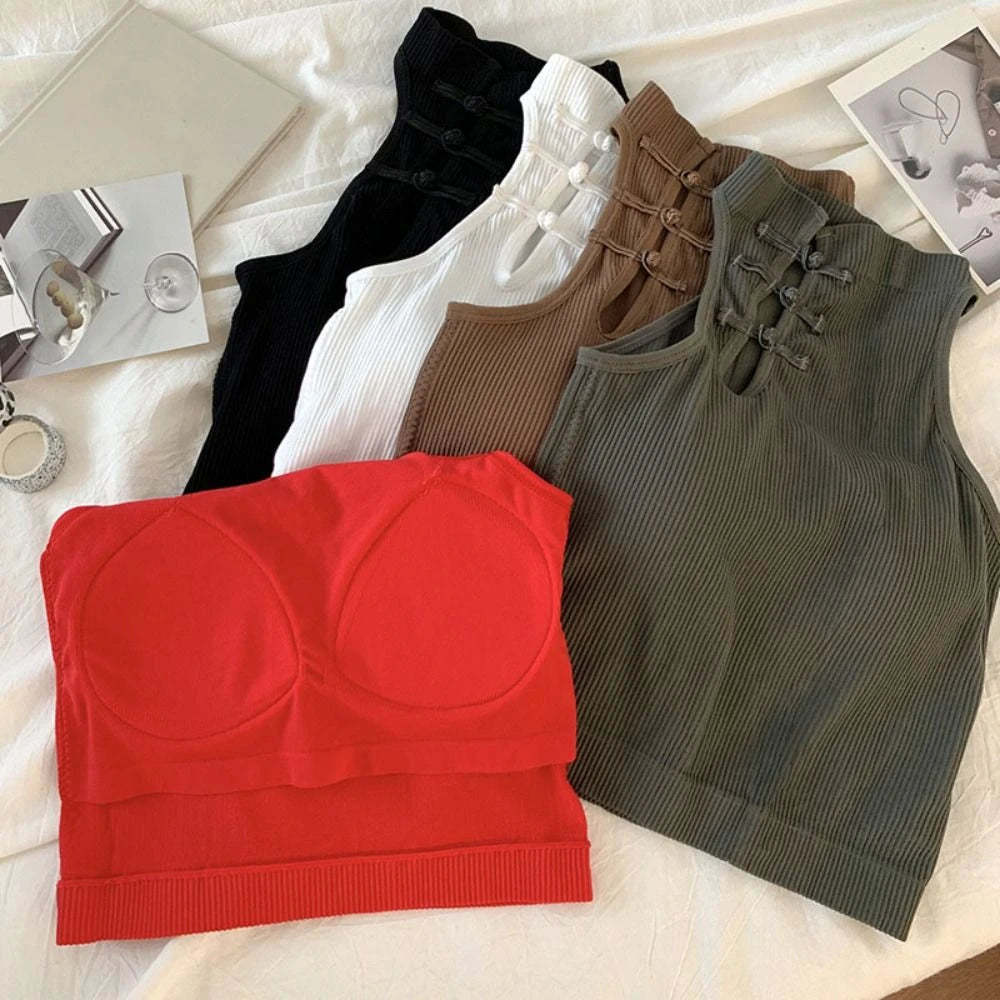 China Buckle Cheongsam Style Skinny Vest Backless Sleeveless Bra with Pads Camisole Harajuku Streetwear Slim Crop Top Summer