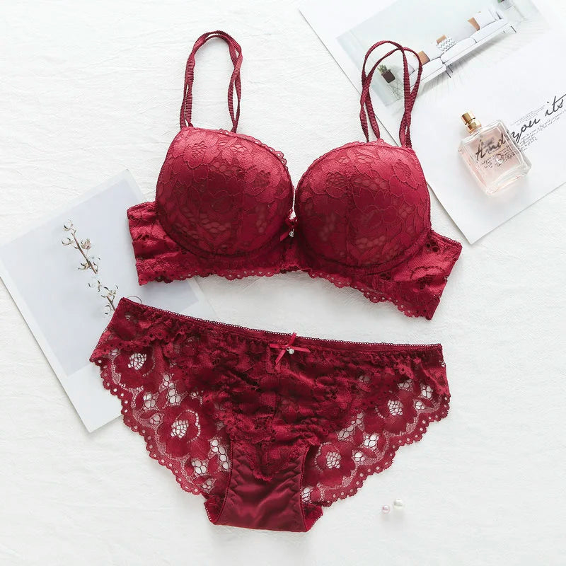 New Fashion Sexy Push Up Bra Set Deep V Bra Thick Lingerie Set Lace Women Underwear Set Cotton Comfortable A B Cup