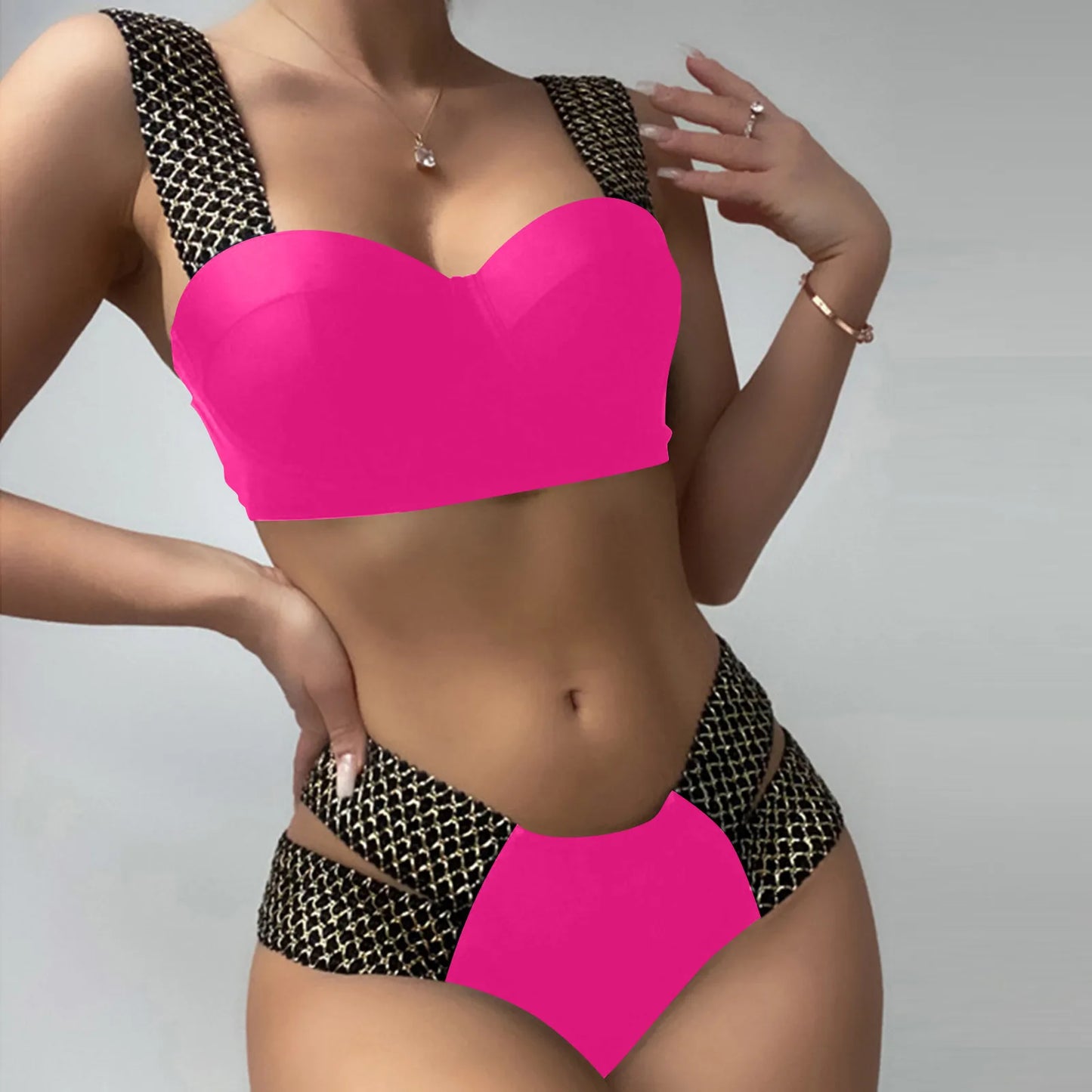 Women'S Swimwear Two-Piece Push Up Bra With Chest Pad High Waist Swim Briefs Set Fashion Trend Solid Patchwork Swimwear