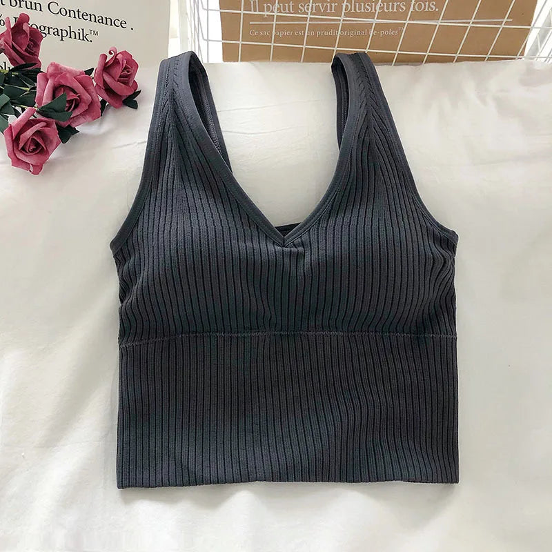 Women's Tank Crop Tops Female Tops Sexy Lingerie Seamless Underwear Streetwear V Neck Cropped Tee Padded Camisole
