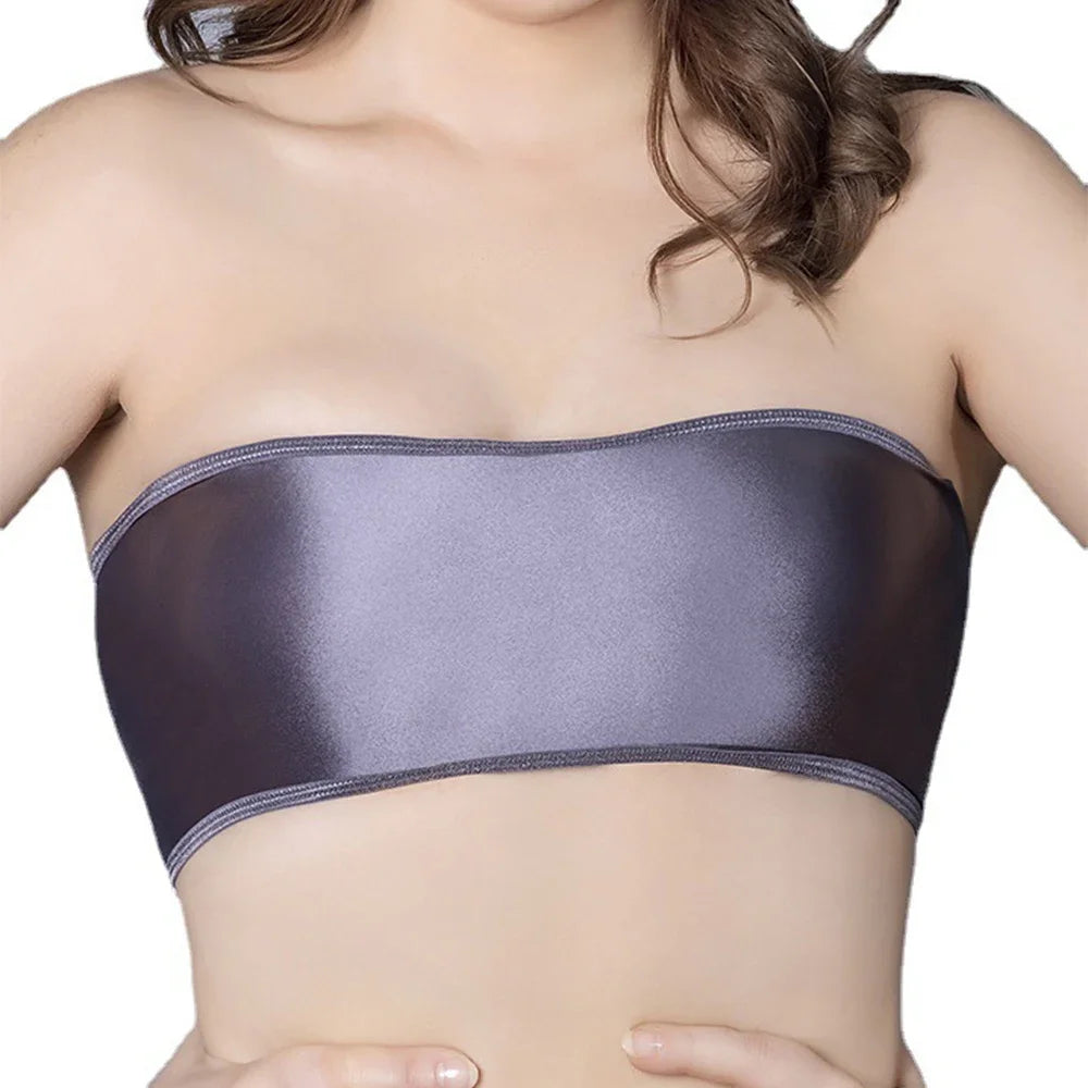 Top Women's Strapless Elastic Oily Gloss Underwear Tube Tops Solid Color Basic Stretch Bra Crop Top Tight Woman Female Clothing