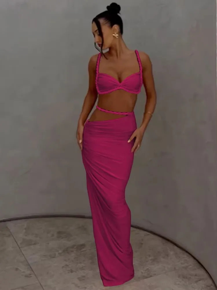 Weird Puss Bandage Ruched 2 Piece Set Women Square Collar Bra+Skinny Long Skirts 2025 Summer Vacation Beach Party Trend Suits