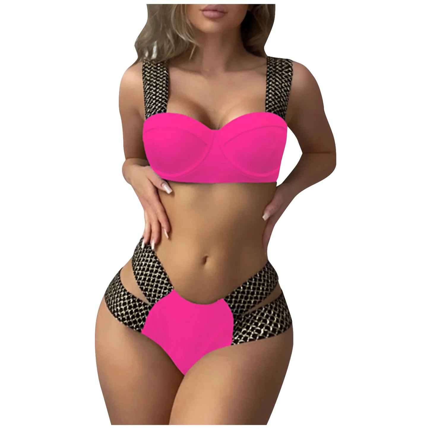 Women'S Swimwear Two-Piece Push Up Bra With Chest Pad High Waist Swim Briefs Set Fashion Trend Solid Patchwork Swimwear