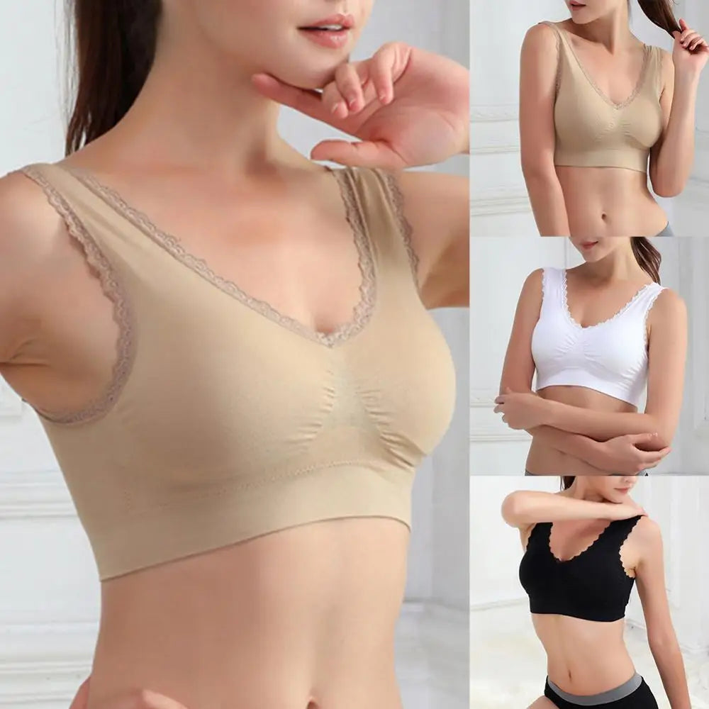 Women Bra Lace Trim Wire Free Seamless Breathable Brassiere Padded Underwear Comfortable Push Up Underwear Intimate Crop Top