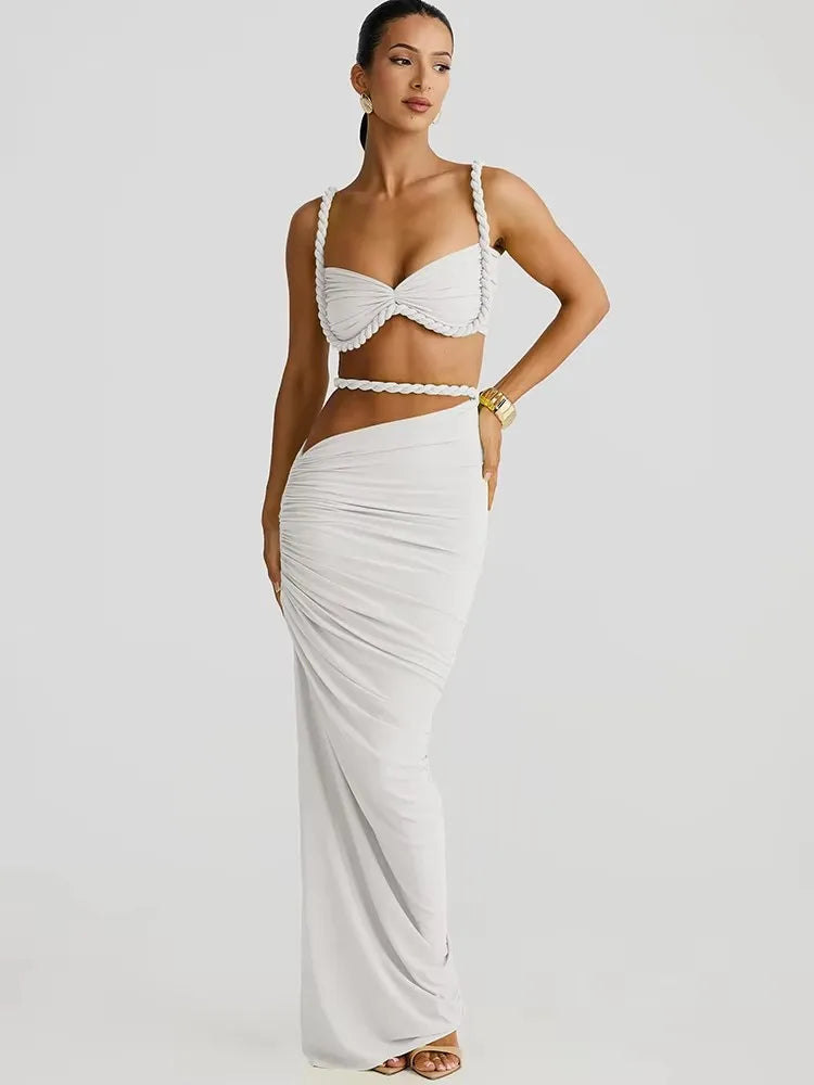 Weird Puss Bandage Ruched 2 Piece Set Women Square Collar Bra+Skinny Long Skirts 2025 Summer Vacation Beach Party Trend Suits