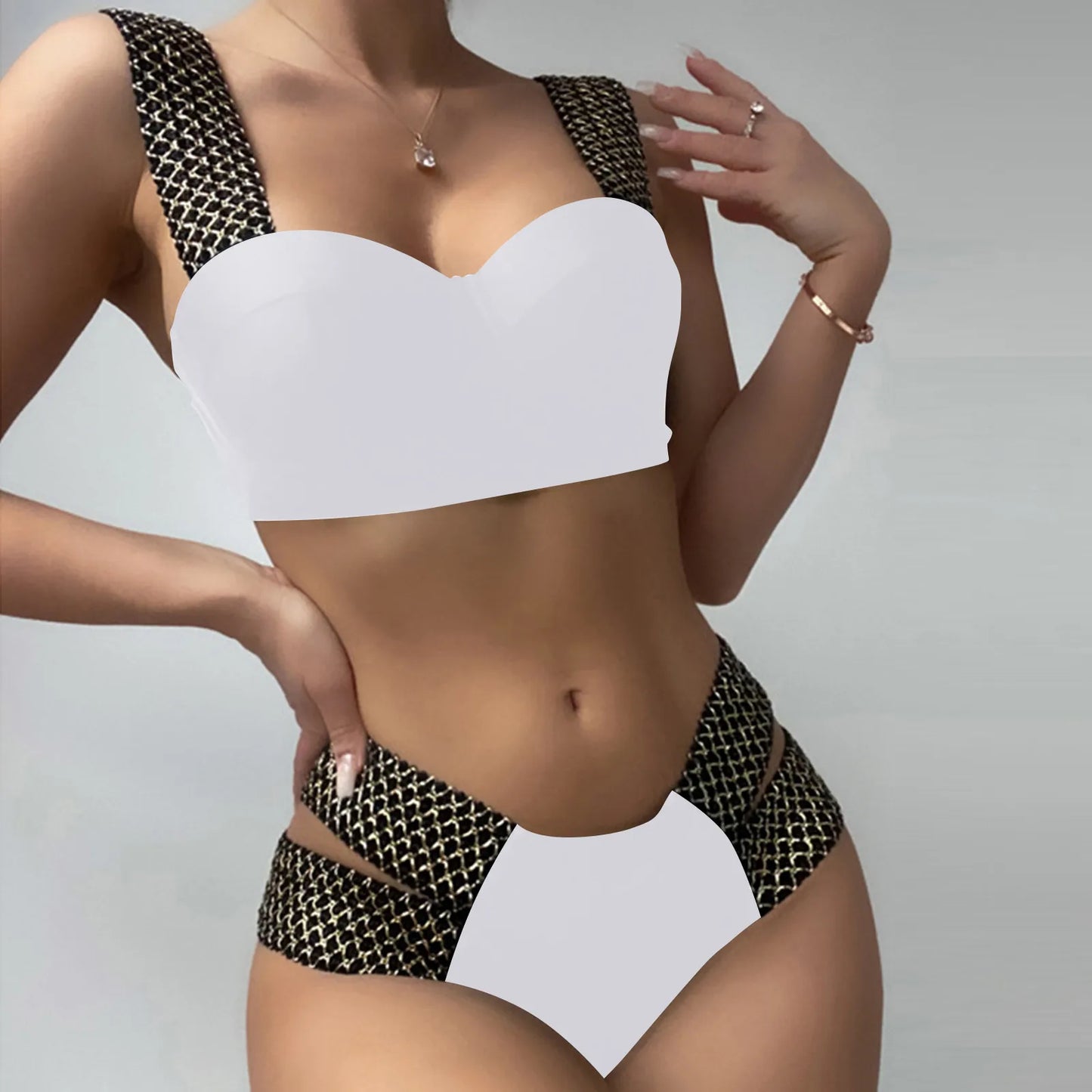 Women'S Swimwear Two-Piece Push Up Bra With Chest Pad High Waist Swim Briefs Set Fashion Trend Solid Patchwork Swimwear