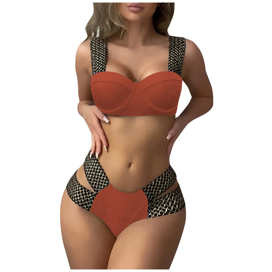 Women'S Swimwear Two-Piece Push Up Bra With Chest Pad High Waist Swim Briefs Set Fashion Trend Solid Patchwork Swimwear