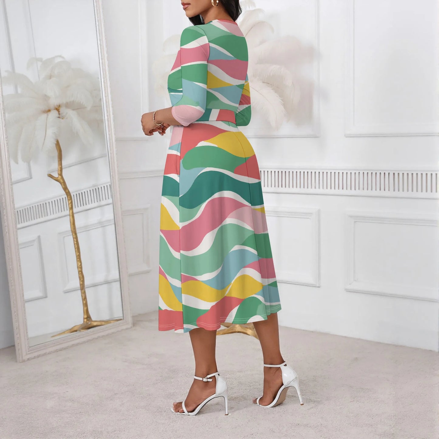 Women's Plus Size Dresses Deep V Neck Long Sleeves Wrap African Floral Printed Dress Long Maxi Flowy Dress with Belt