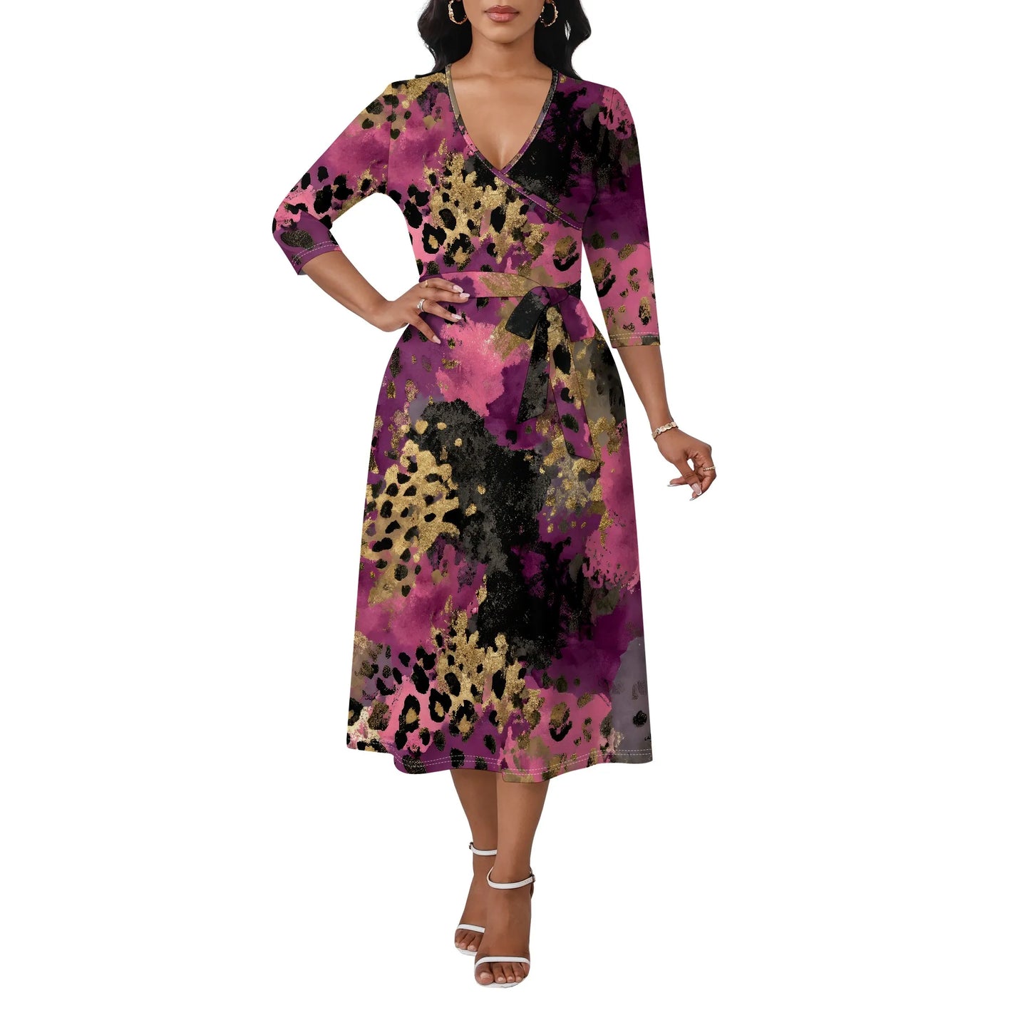 Women's Plus Size Dresses Deep V Neck Long Sleeves Wrap African Floral Printed Dress Long Maxi Flowy Dress with Belt