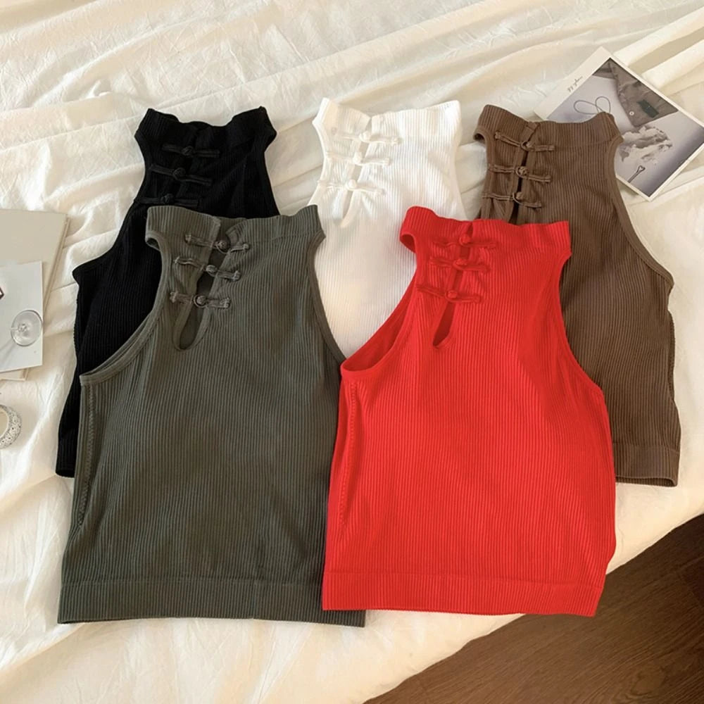 China Buckle Cheongsam Style Skinny Vest Backless Sleeveless Bra with Pads Camisole Harajuku Streetwear Slim Crop Top Summer