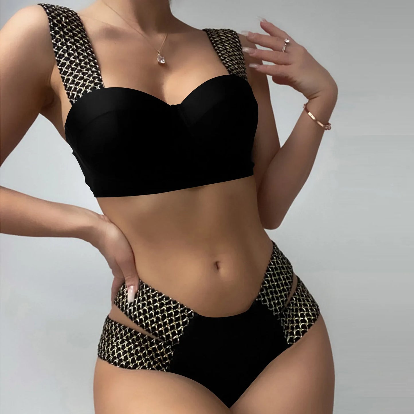 Women'S Swimwear Two-Piece Push Up Bra With Chest Pad High Waist Swim Briefs Set Fashion Trend Solid Patchwork Swimwear