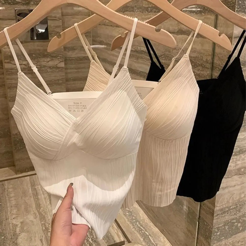Korean Style Ruffle Sleeveless Crop Top Slim Fit V Neck Women's Tank Top Vest Streetwear Bra with Pads Camisole Girl