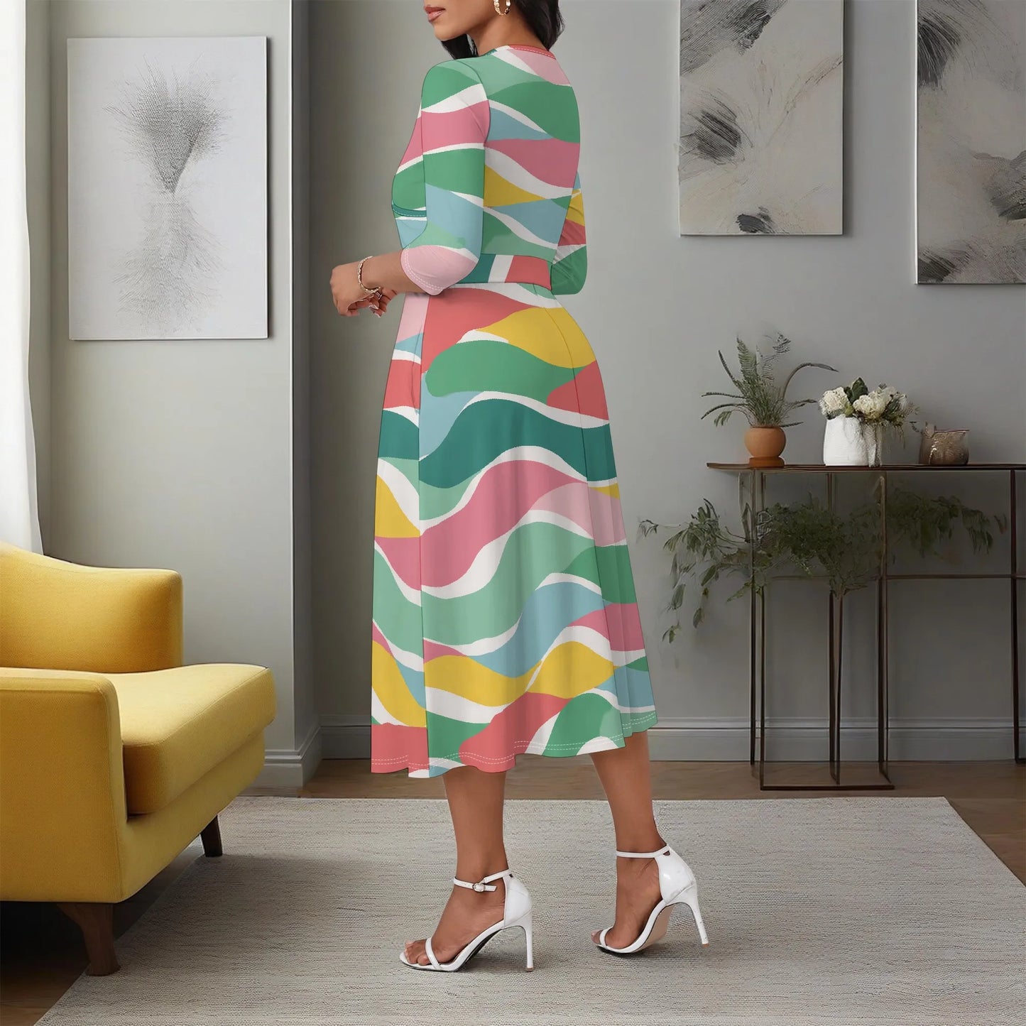 Women's Plus Size Dresses Deep V Neck Long Sleeves Wrap African Floral Printed Dress Long Maxi Flowy Dress with Belt
