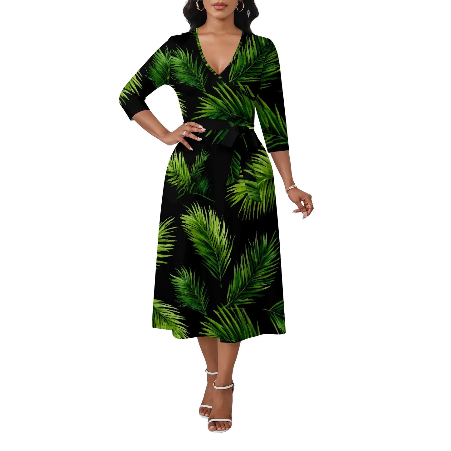 Women's Plus Size Dresses Deep V Neck Long Sleeves Wrap African Floral Printed Dress Long Maxi Flowy Dress with Belt