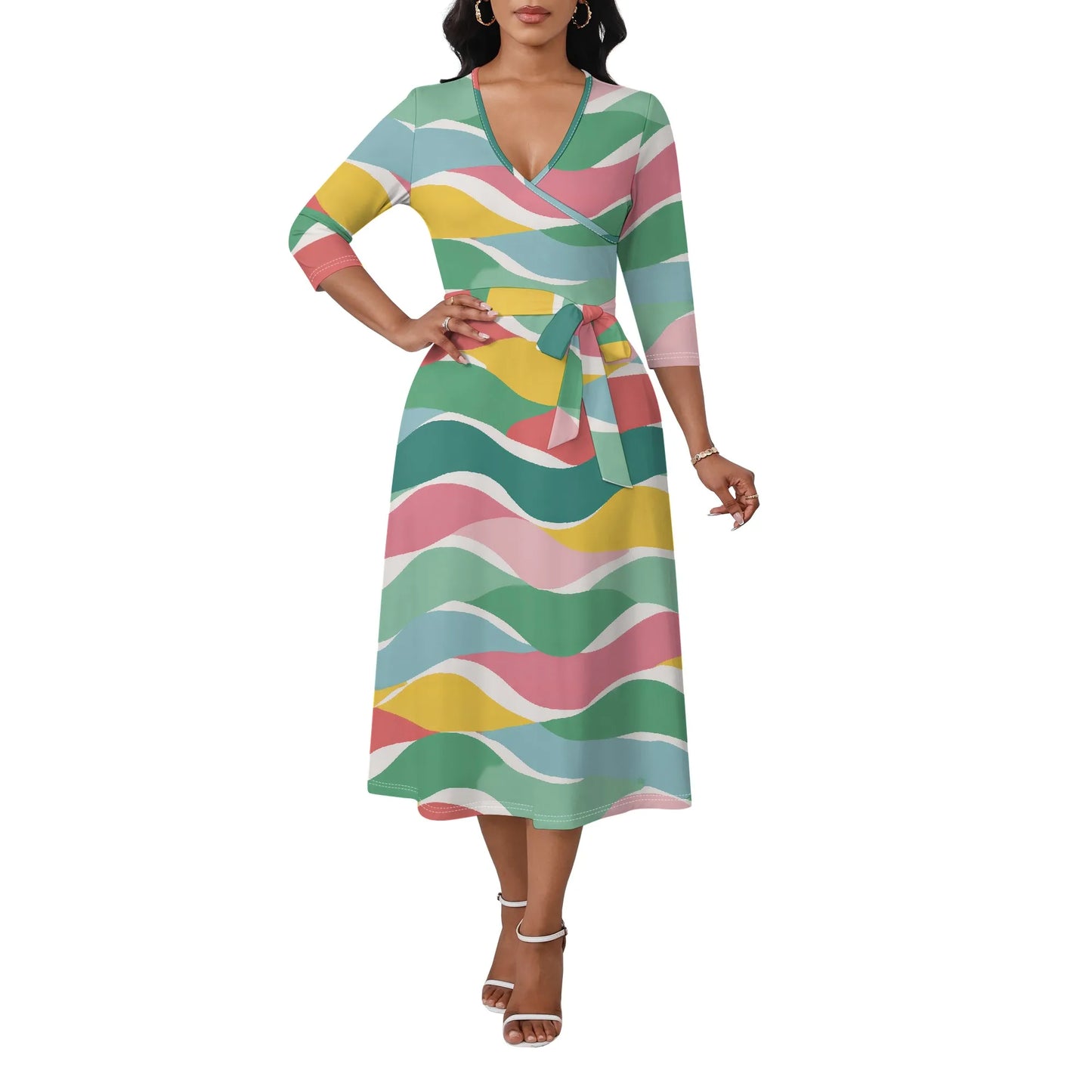 Women's Plus Size Dresses Deep V Neck Long Sleeves Wrap African Floral Printed Dress Long Maxi Flowy Dress with Belt