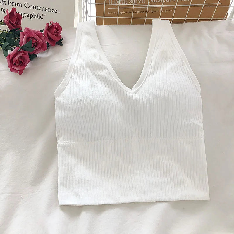 Women's Tank Crop Tops Female Tops Sexy Lingerie Seamless Underwear Streetwear V Neck Cropped Tee Padded Camisole