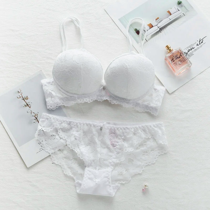 New Fashion Sexy Push Up Bra Set Deep V Bra Thick Lingerie Set Lace Women Underwear Set Cotton Comfortable A B Cup