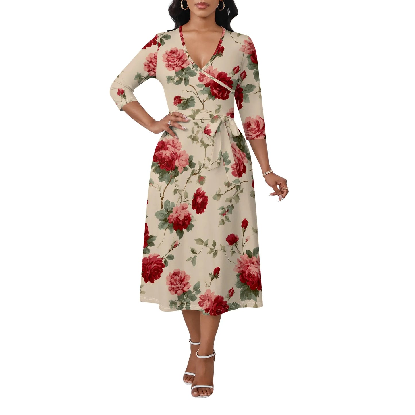 Women's Plus Size Dresses Deep V Neck Long Sleeves Wrap African Floral Printed Dress Long Maxi Flowy Dress with Belt