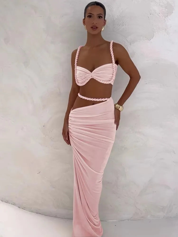 Weird Puss Bandage Ruched 2 Piece Set Women Square Collar Bra+Skinny Long Skirts 2025 Summer Vacation Beach Party Trend Suits