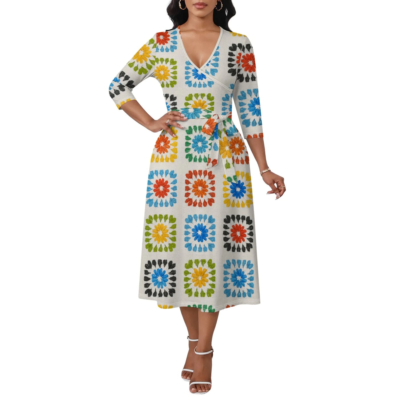 Women's Plus Size Dresses Deep V Neck Long Sleeves Wrap African Floral Printed Dress Long Maxi Flowy Dress with Belt