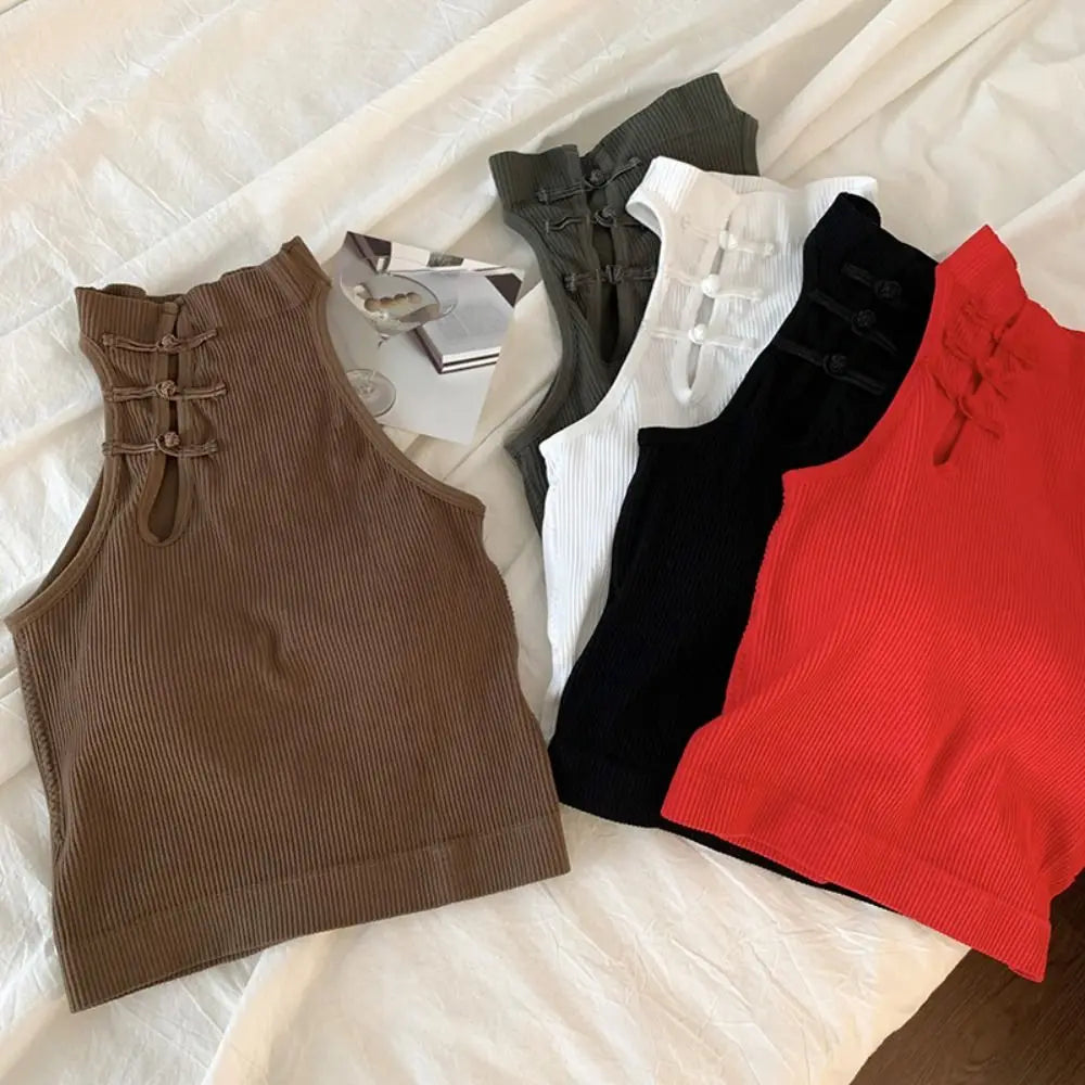 China Buckle Cheongsam Style Skinny Vest Backless Sleeveless Bra with Pads Camisole Harajuku Streetwear Slim Crop Top Summer