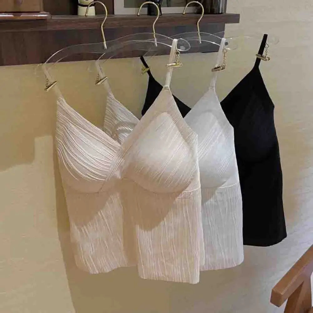 Korean Style Ruffle Sleeveless Crop Top Slim Fit V Neck Women's Tank Top Vest Streetwear Bra with Pads Camisole Girl