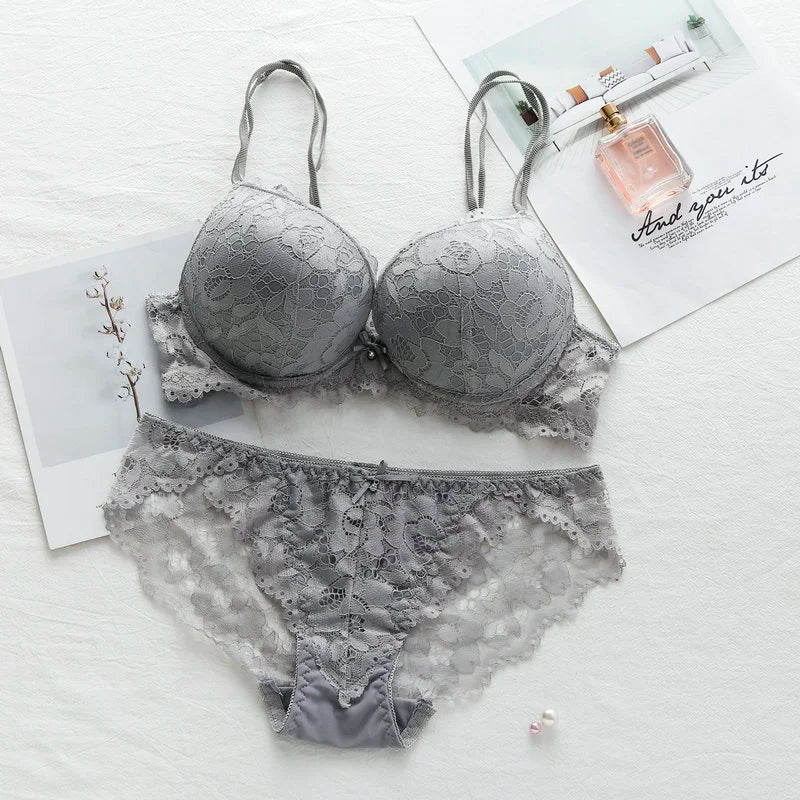 New Fashion Sexy Push Up Bra Set Deep V Bra Thick Lingerie Set Lace Women Underwear Set Cotton Comfortable A B Cup